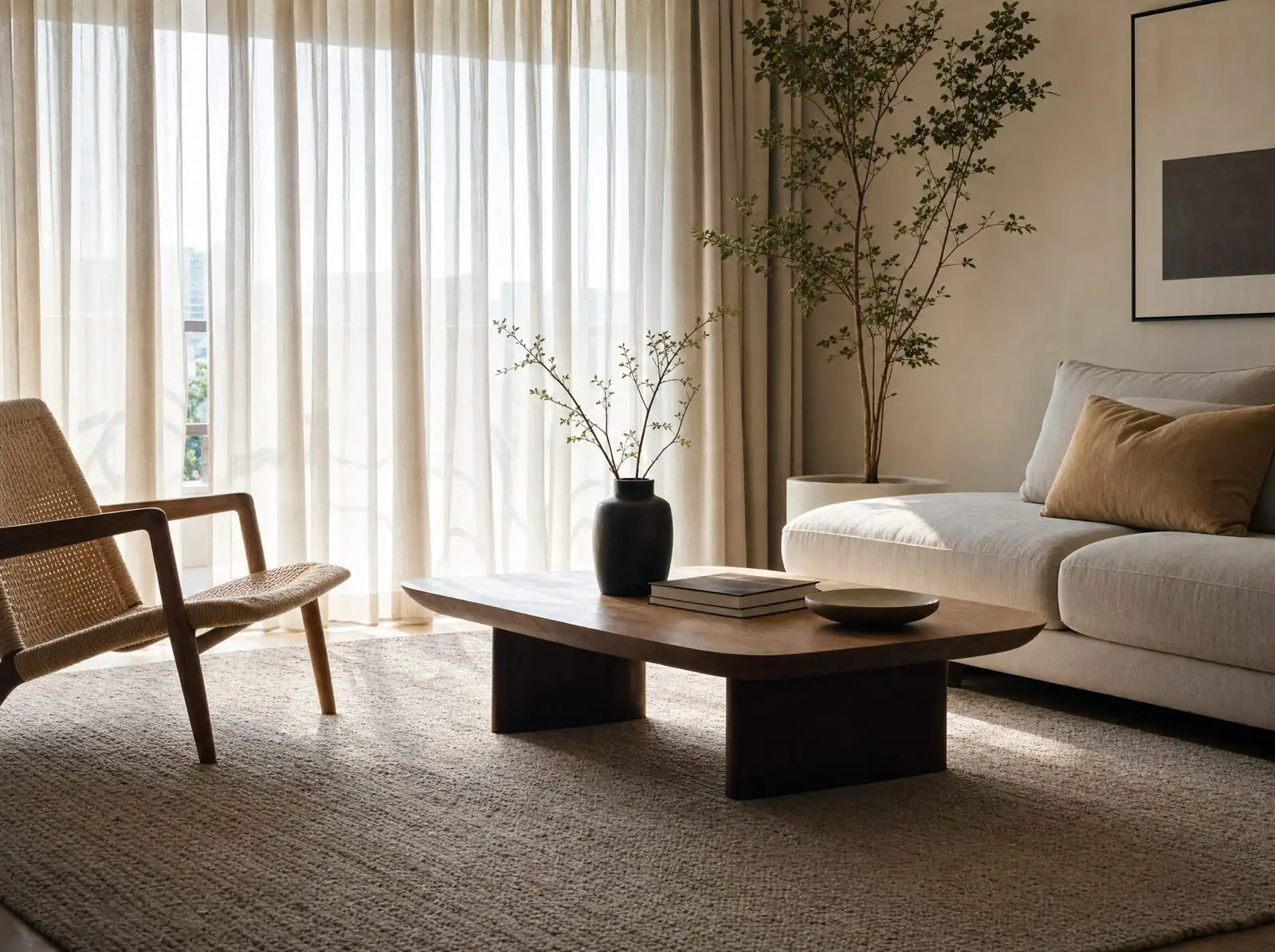 Sheer floor-length curtains in a living room with a fabric sofa and rug