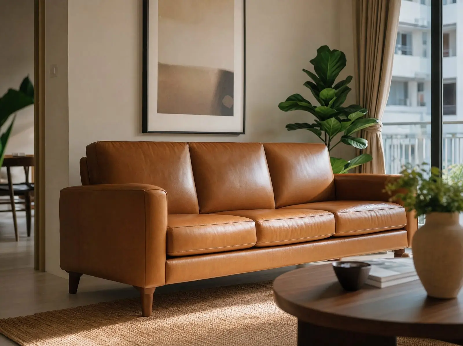 A tan leather sofa in a living room